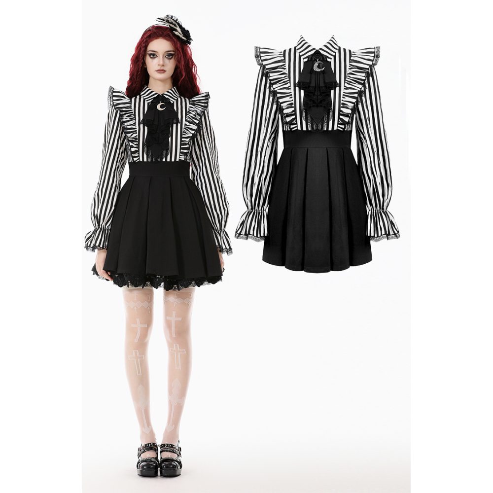 Dark in Love - Lolita Dark Striped Preppy Kurzes Kleid - Schwarz/Weiß